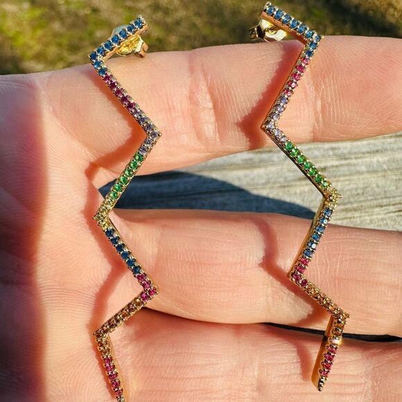 Dazzling Zigzag Rainbow Earrings – Gold Plated Multicolor Zigzag Earrings - Picture 15 of 17